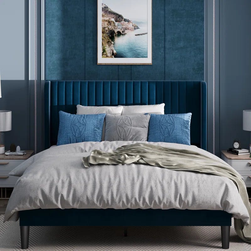 Elegant Navy Blue Velvet Queen Bed with Tufted Wingback Headboard