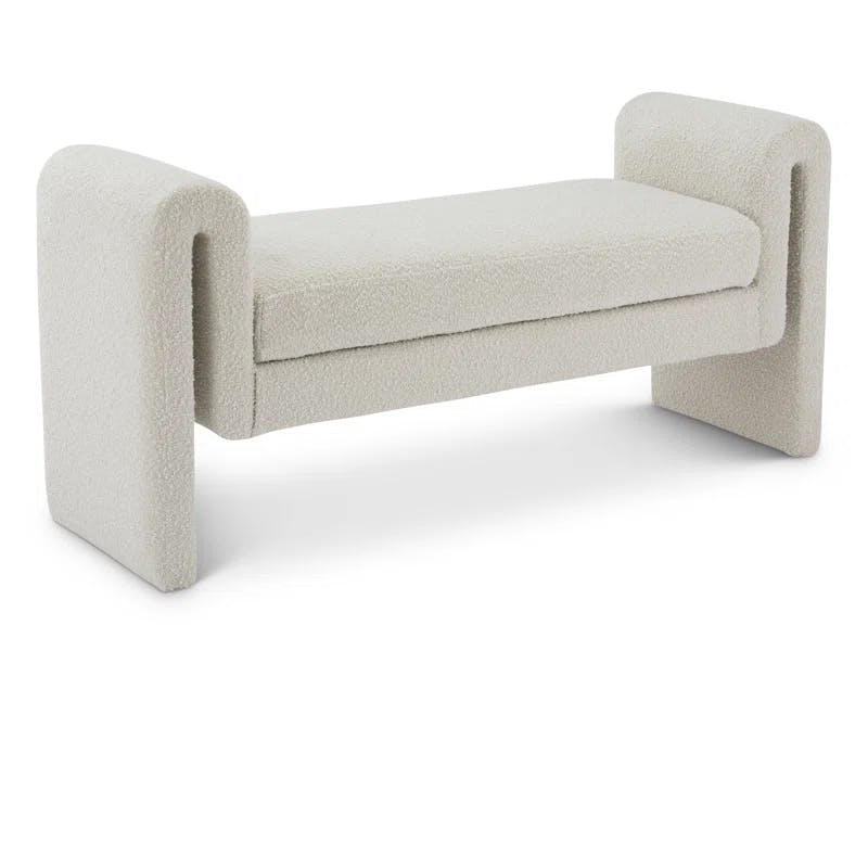 Curved Cream Boucle Fabric Contemporary Bench