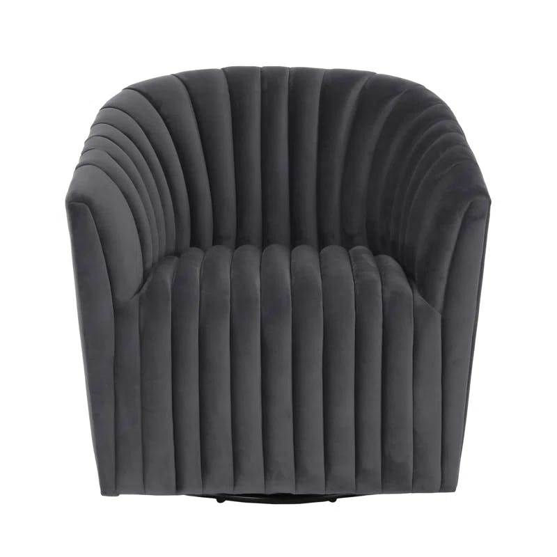 Handcrafted Gray Polyester Swivel Barrel Chair with Solid Wood Frame