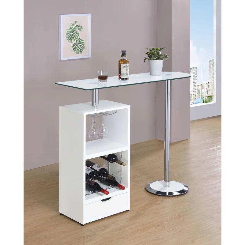Contemporary Glossy White Elevated Glass Wine Bar with Storage