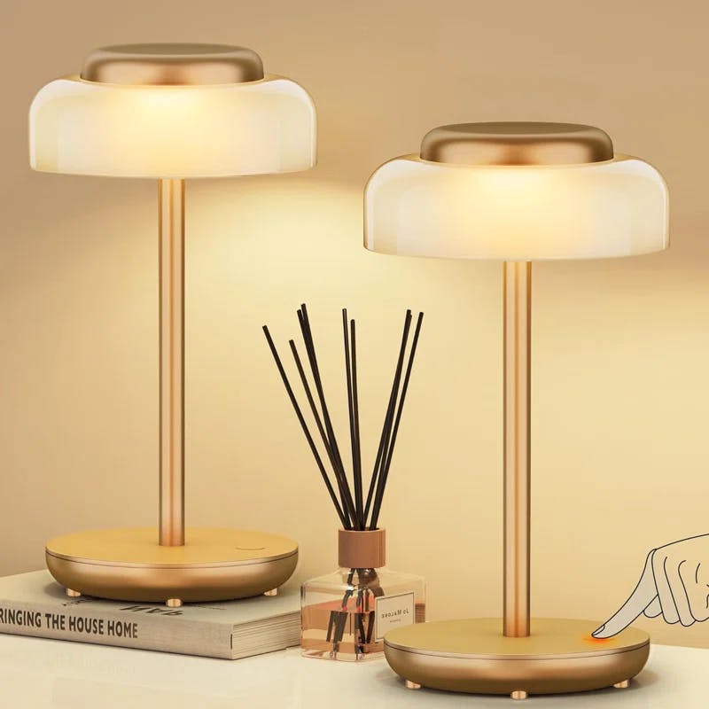 Elegant Gold Mini Mushroom LED Table Lamp 2-Pack, Battery Operated