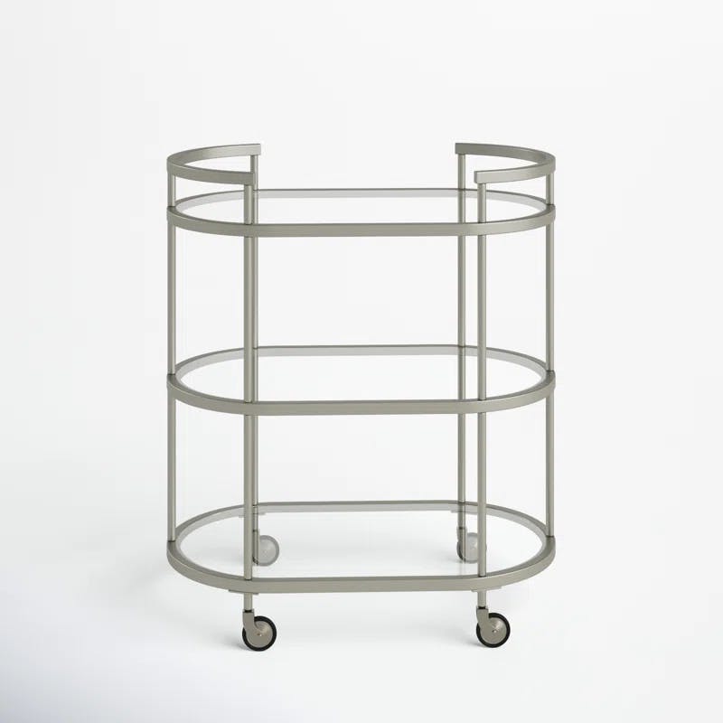 Evelyn&Zoe Satin Nickel Oval Bar Cart with Tempered Glass Shelves