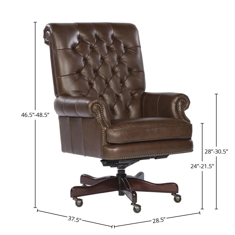 Traditional Brown Leather Swivel Executive Chair with Wood Accents