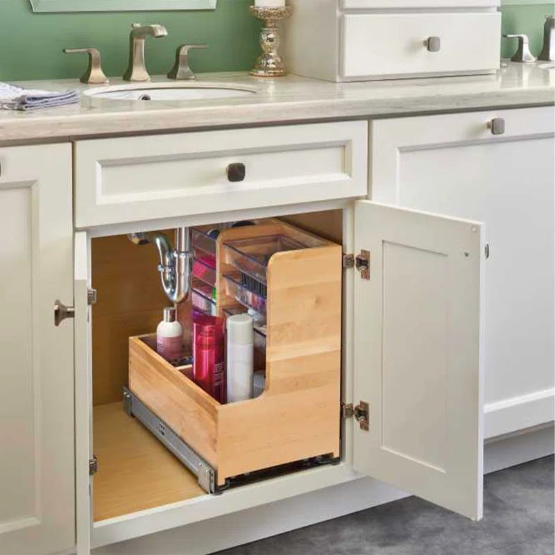 Maple Wood Under-Sink Cabinet Organizer with Chrome Rails and Soft-Close