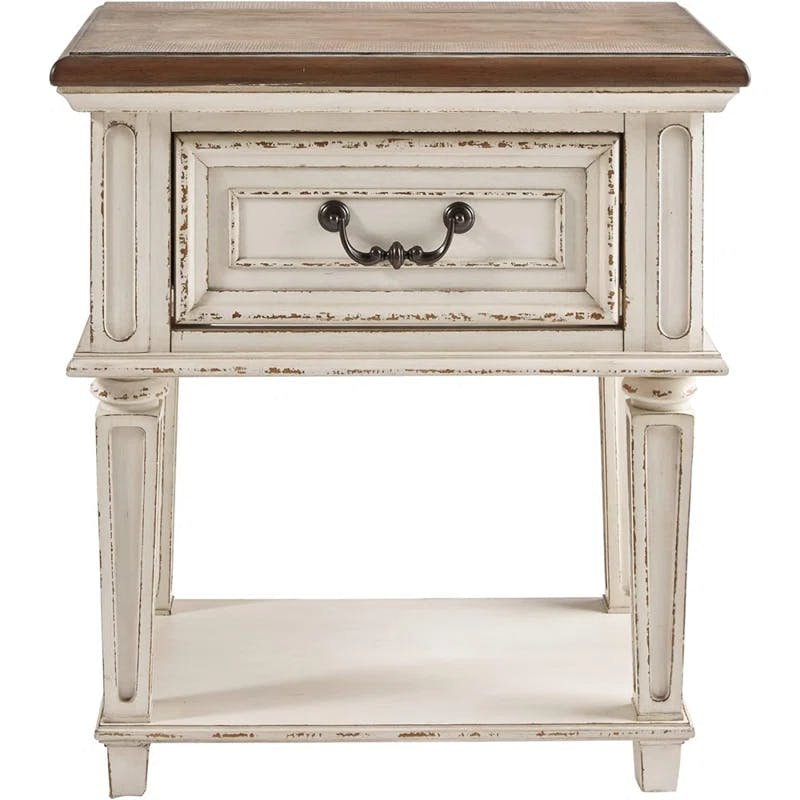 Chipped White Rustic 1-Drawer Nightstand with Open Shelf