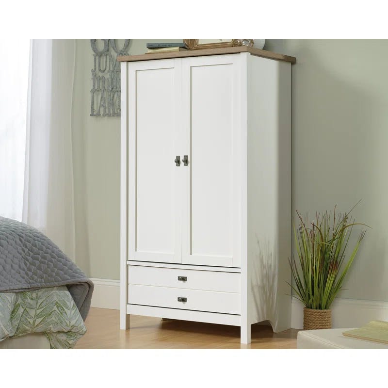 Cottage Charm Soft White Armoire with Lintel Oak Accents