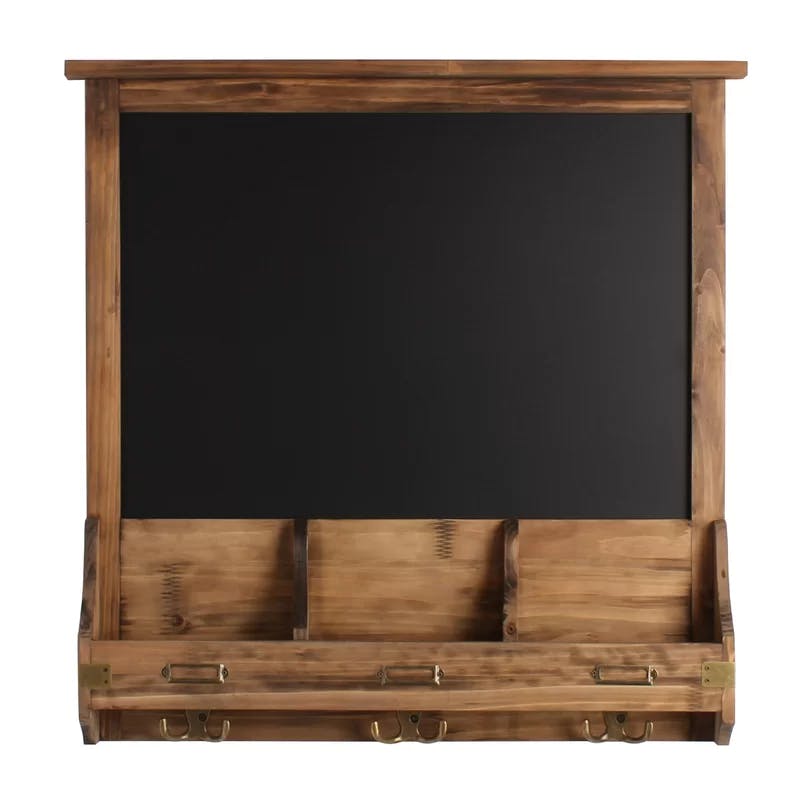 Rustic Brown Wood Wall Organizer with Chalkboard and Hooks