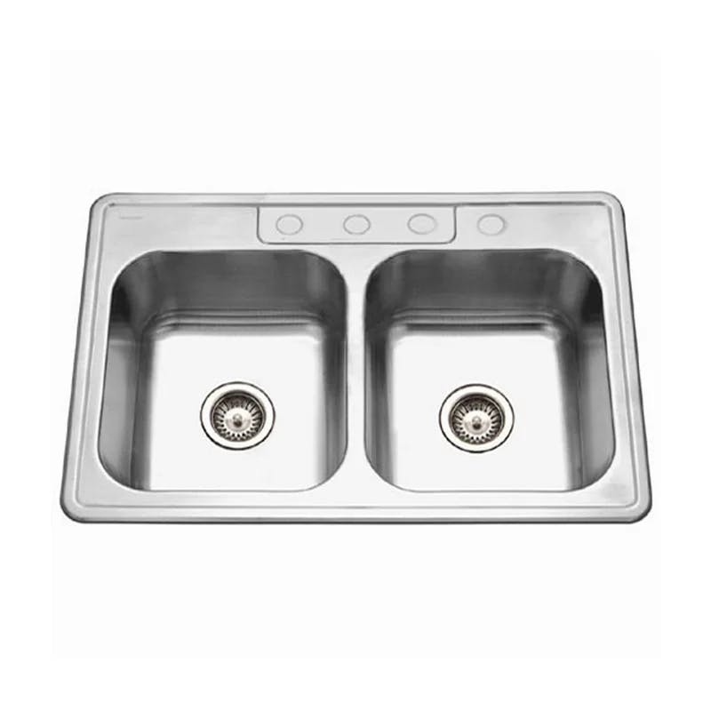 Elegant 33" Satin Finish Stainless Steel Dual Bowl Drop-In Kitchen Sink