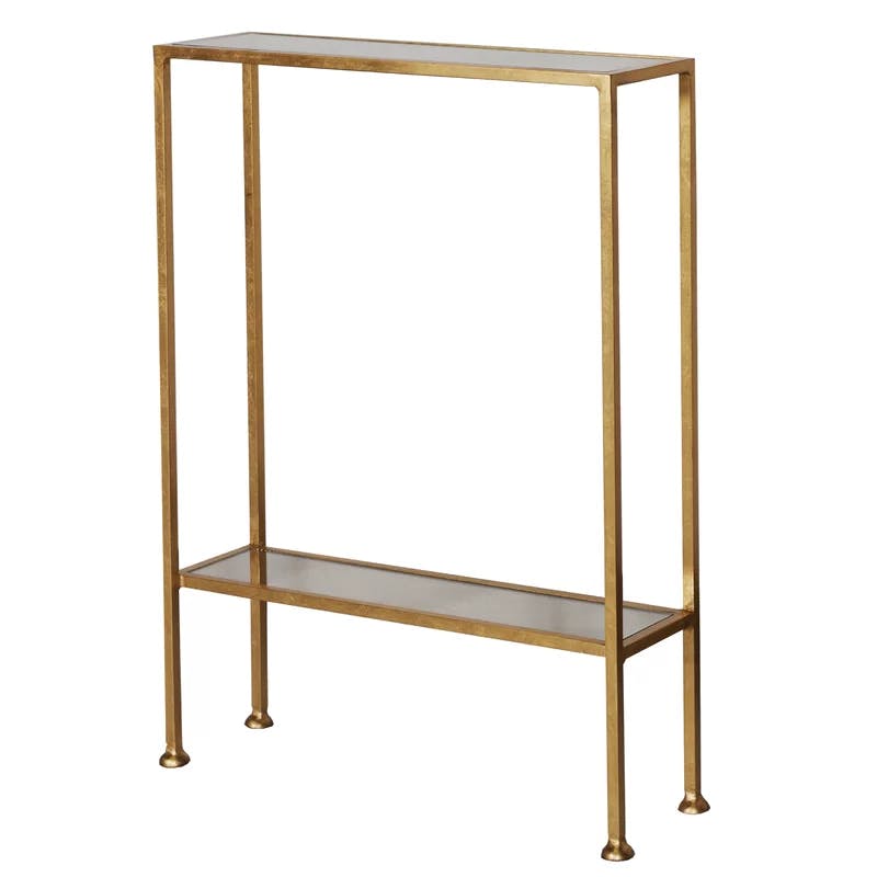 Luxurious Gold Leaf and Antique Mirror Rectangular Console Table with Shelf