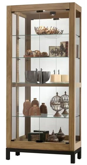 Transitional Aged Natural Lighted Curio Cabinet with Charcoal Base