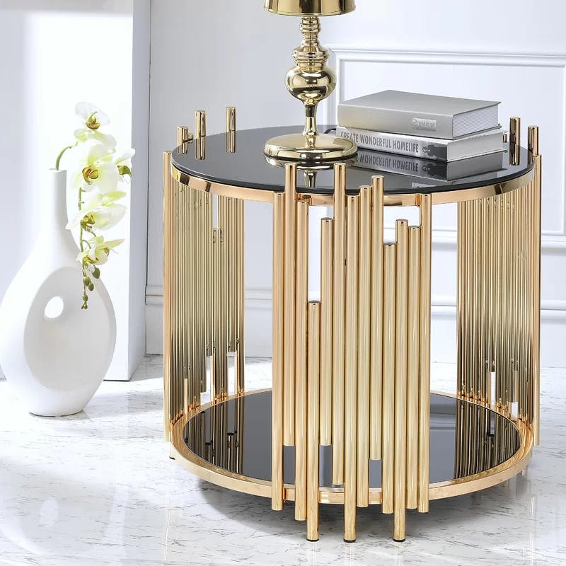 Tanquin 25" Round Black Glass & Gold Metal End Table