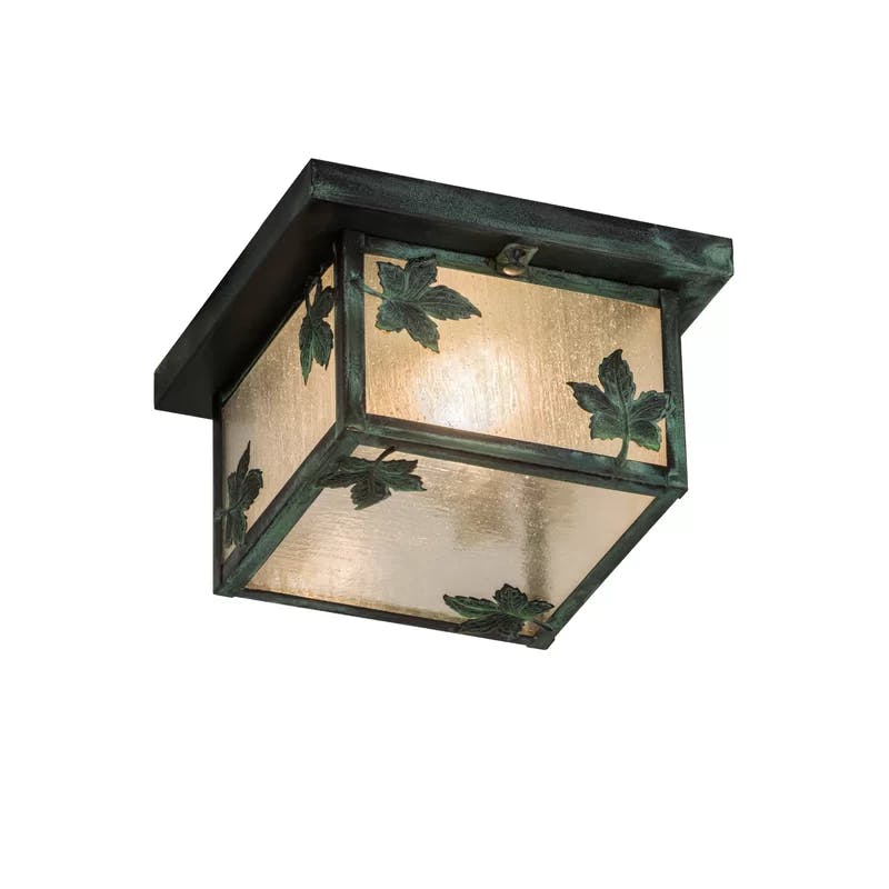 Verdigris Solid Brass Square Flush Mount with Seedy Glass & Beige Shade