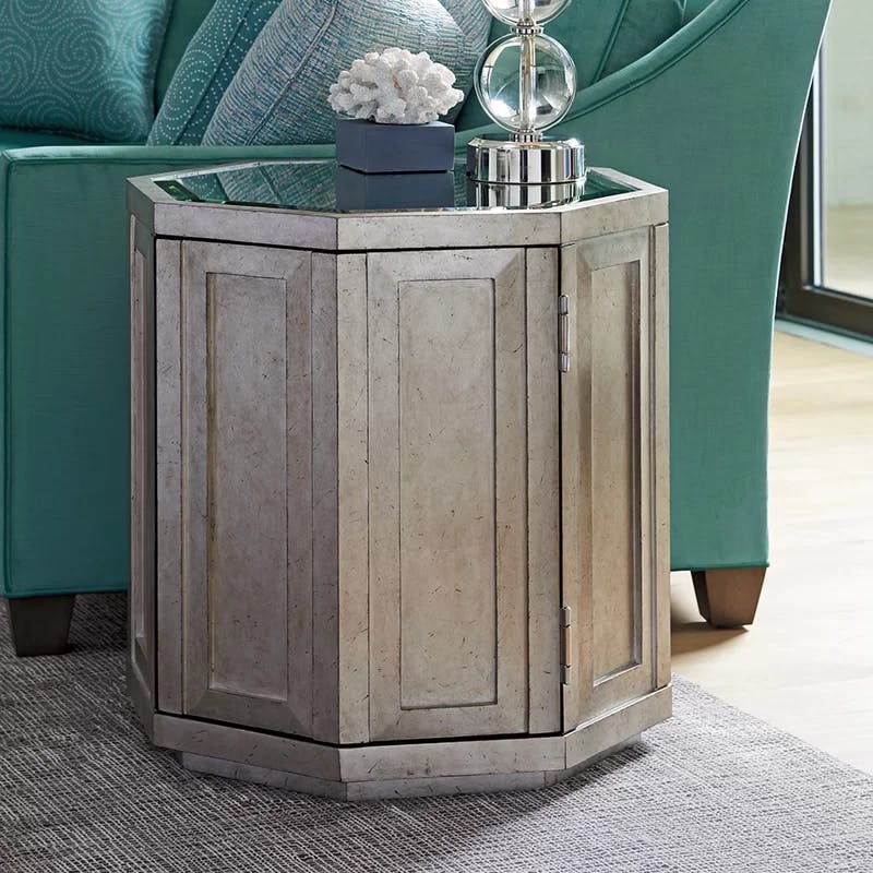 Contemporary Beige Silver Octagonal Wood Metal Storage Table