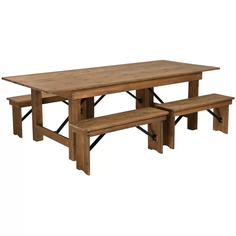 Antique Rustic 6-Person Pine Wood Farm Dining Set with Benches