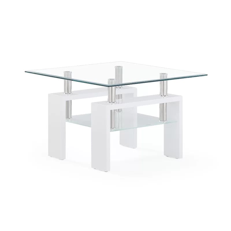 Glossy White and Frosted Glass Modern End Table with Shelf