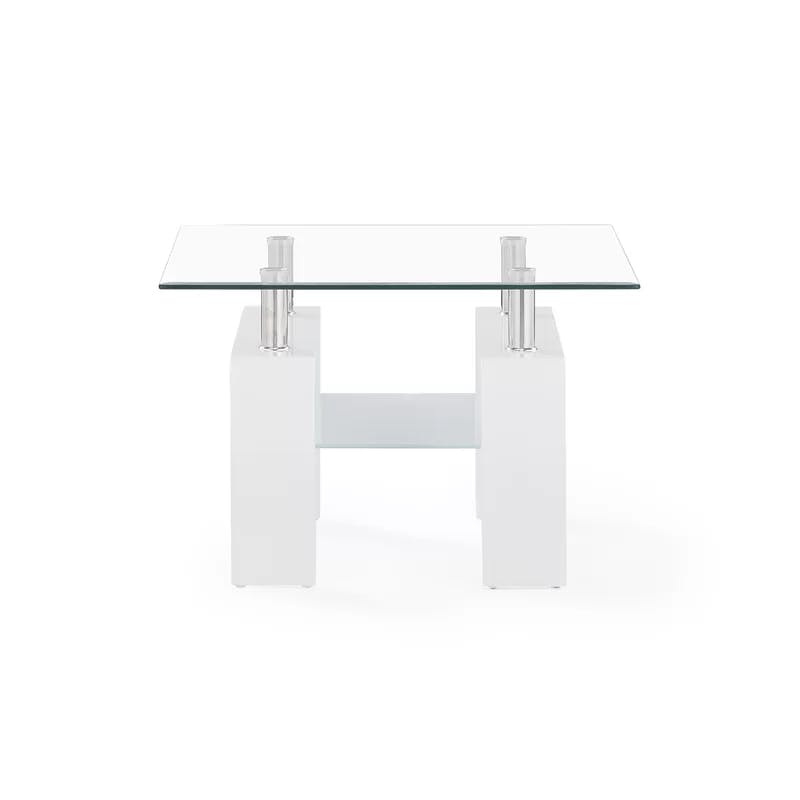Glossy White and Frosted Glass Modern End Table with Shelf