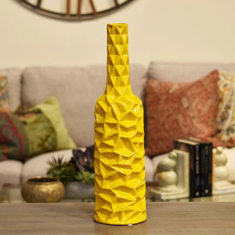 Urban Trends Wrinkled Ceramic Round Bottle Vase - Yellow 12"