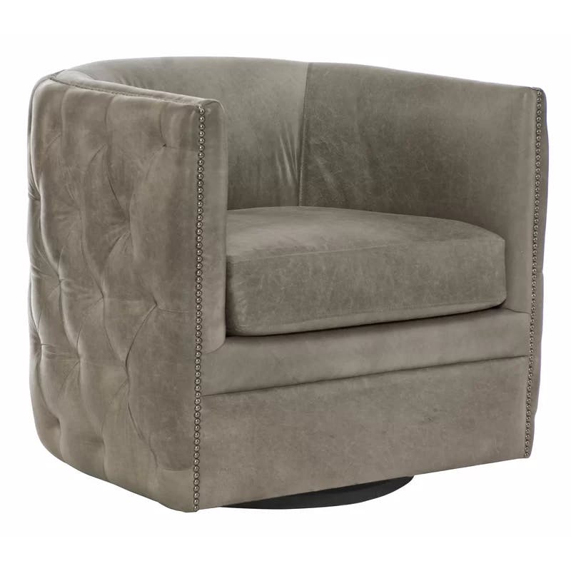 Palazzo Light Grey Genuine Leather Swivel Barrel Accent Chair