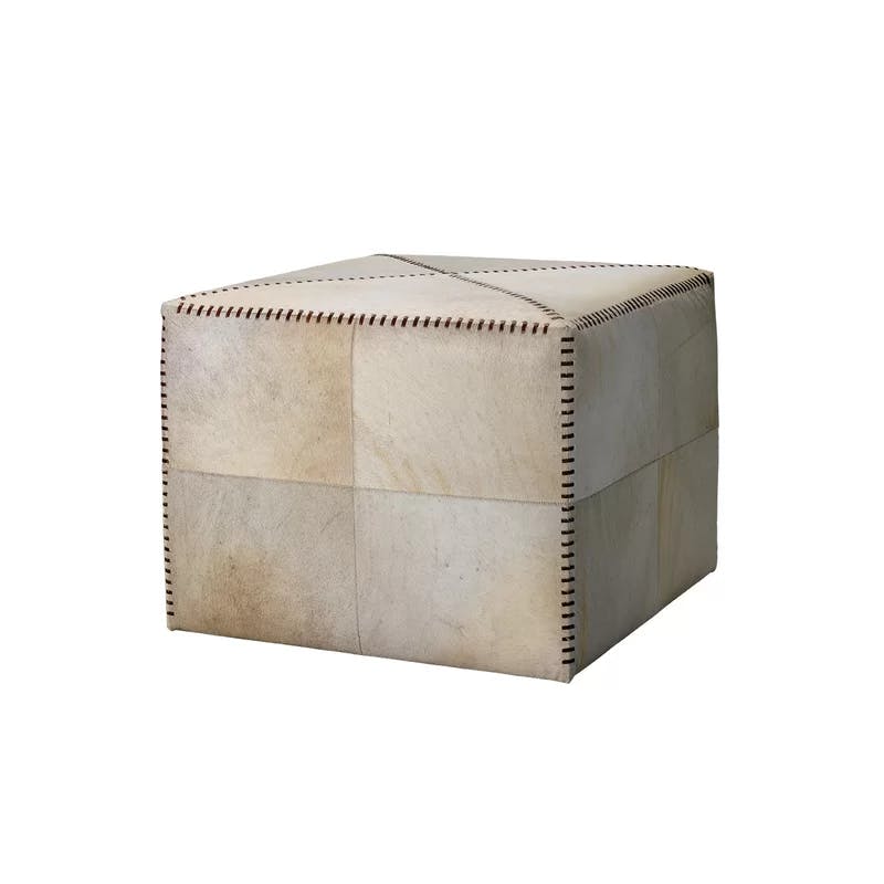 Elegant White Hide Cubic Ottoman with Crisscross Stitching