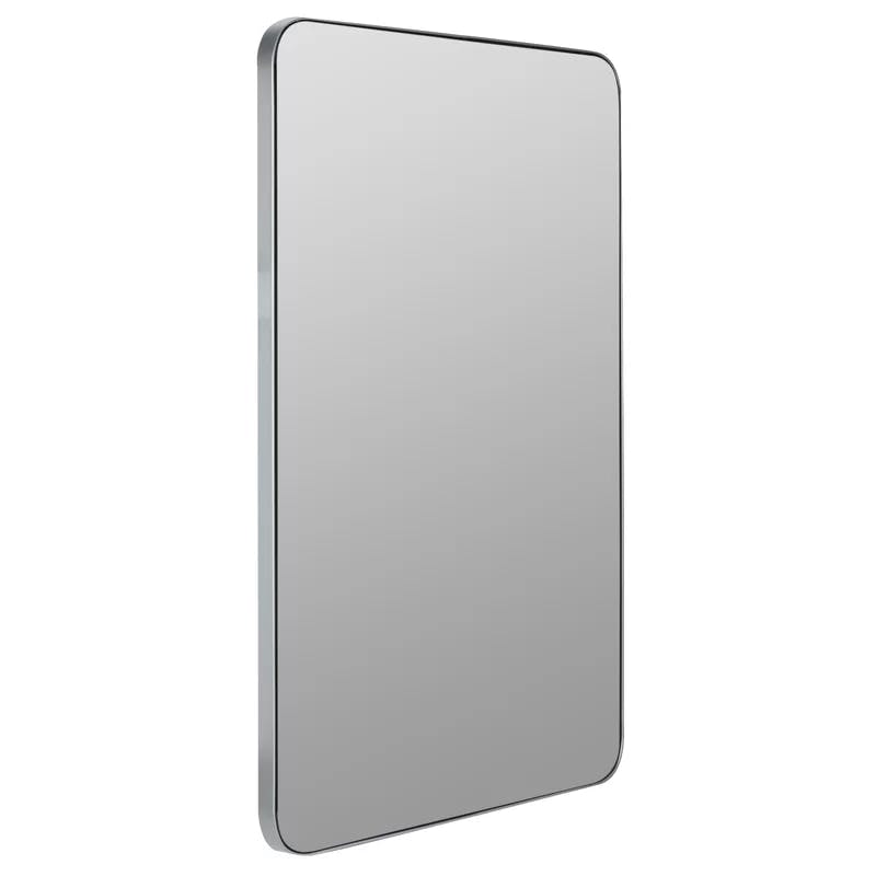 Retro-Modern Silver Rectangular Wood Mirror with Rounded Corners