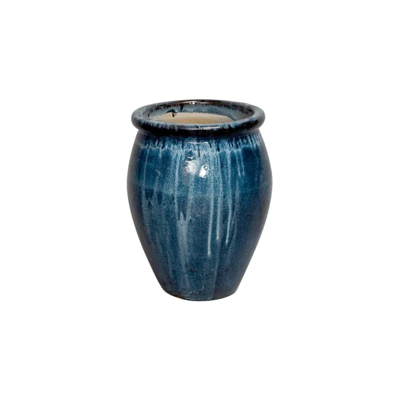 Quin Blue Ceramic Round Medium Outdoor Planter with Drainage Holes