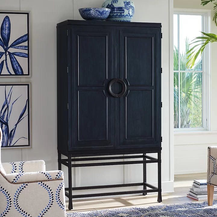 Newport Marine Blue 42'' Transitional Bar Cabinet with Bronze Accents