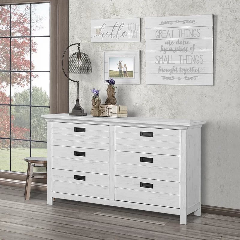 Farmhouse Weathered White Double Dresser with Dovetail Drawers