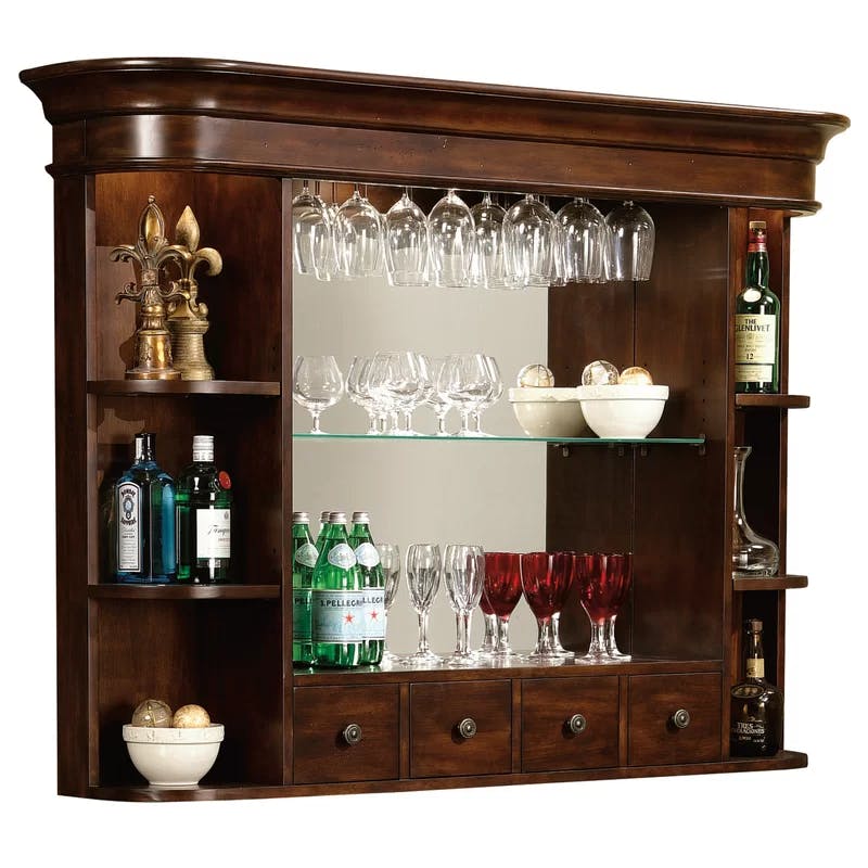 Rustic Cherry Wall Bar Hutch with Glass Shelves and Lighting