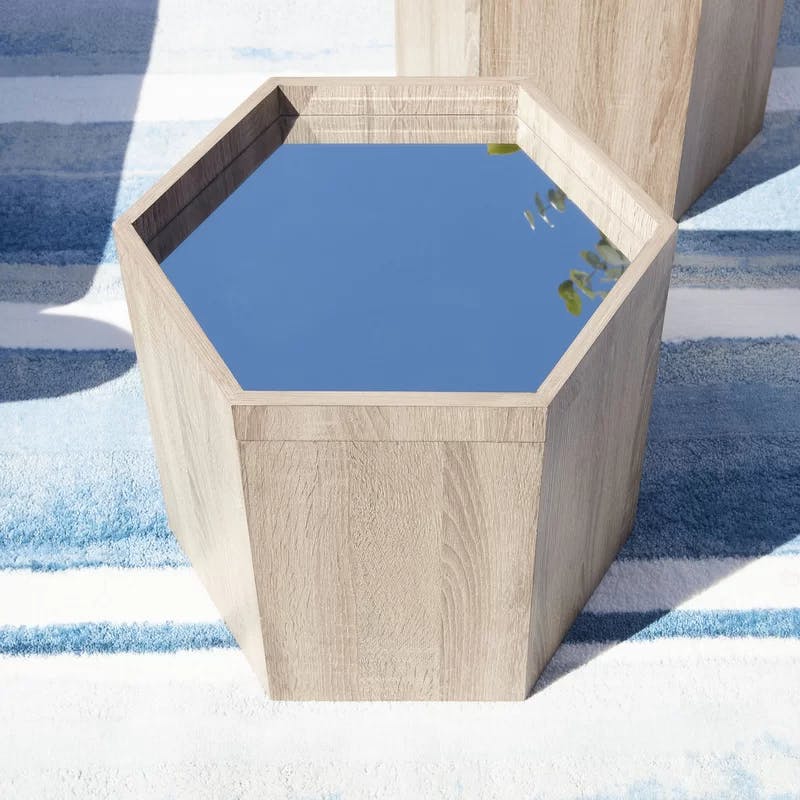 Contemporary Hexagonal Wood & Glass Honeycomb Mirrored Table
