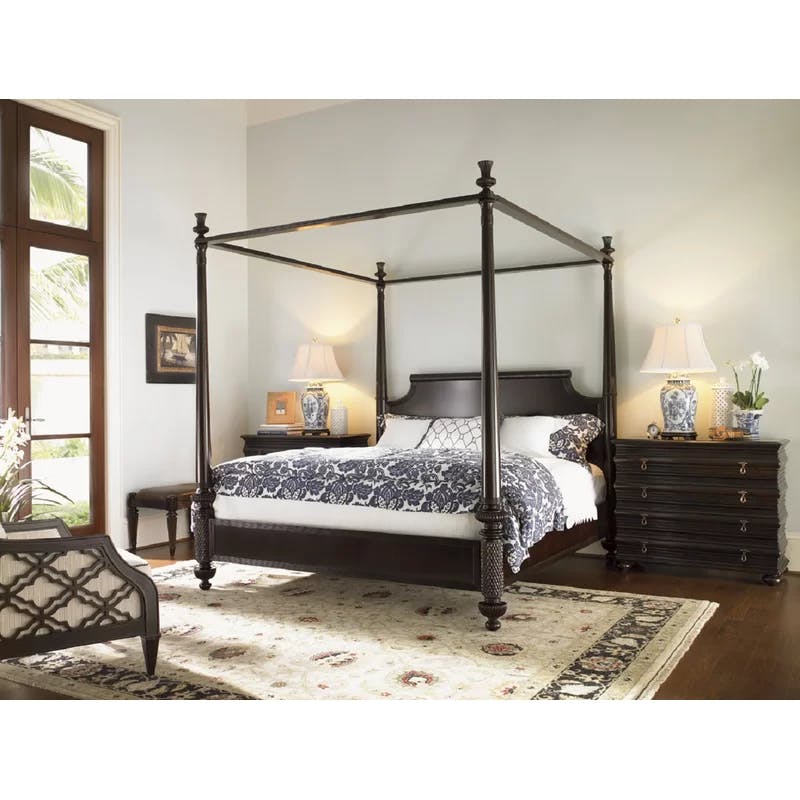 Transitional Brown Upholstered California King Canopy Bed with Storage