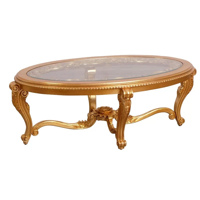 Bellagio II Antique Dark Gold Leaf Oval Coffee Table with Glass Top