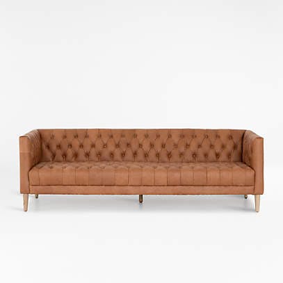 Natural Washed Camel Leather Tufted Sofa 90"