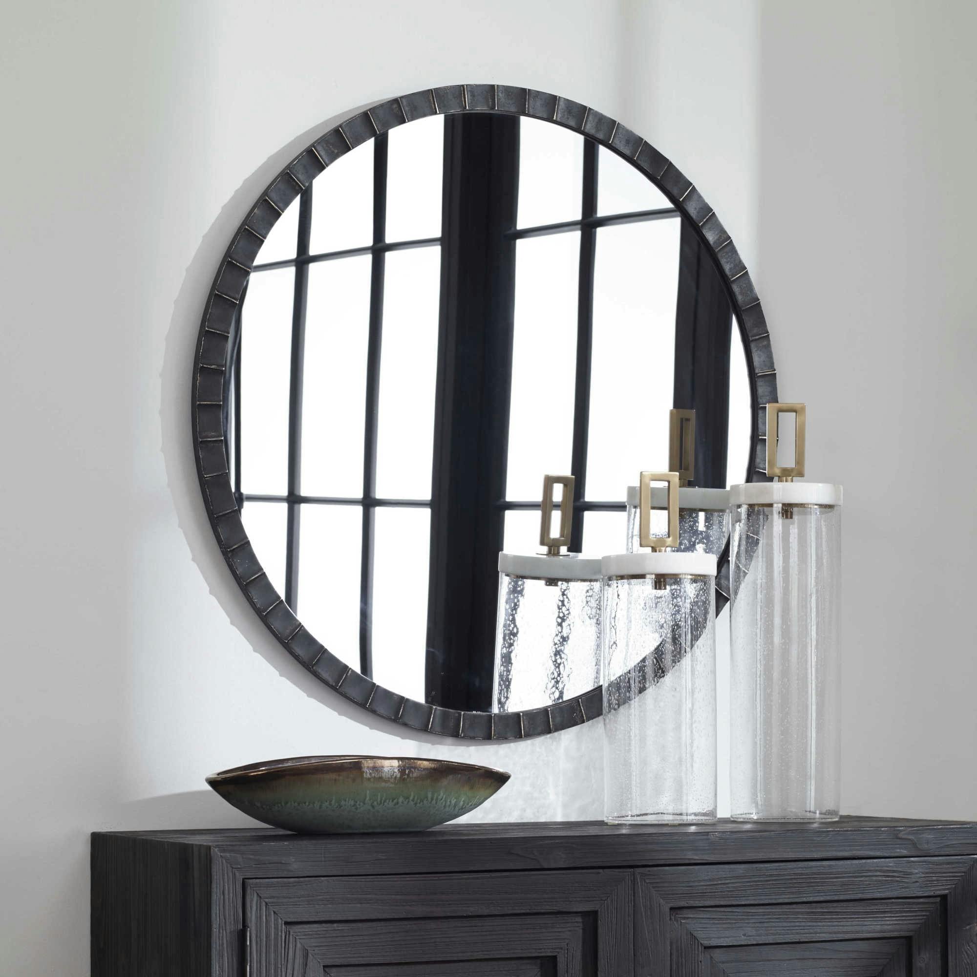 Dandridge 34" Distressed Black and Silver Industrial Round Mirror