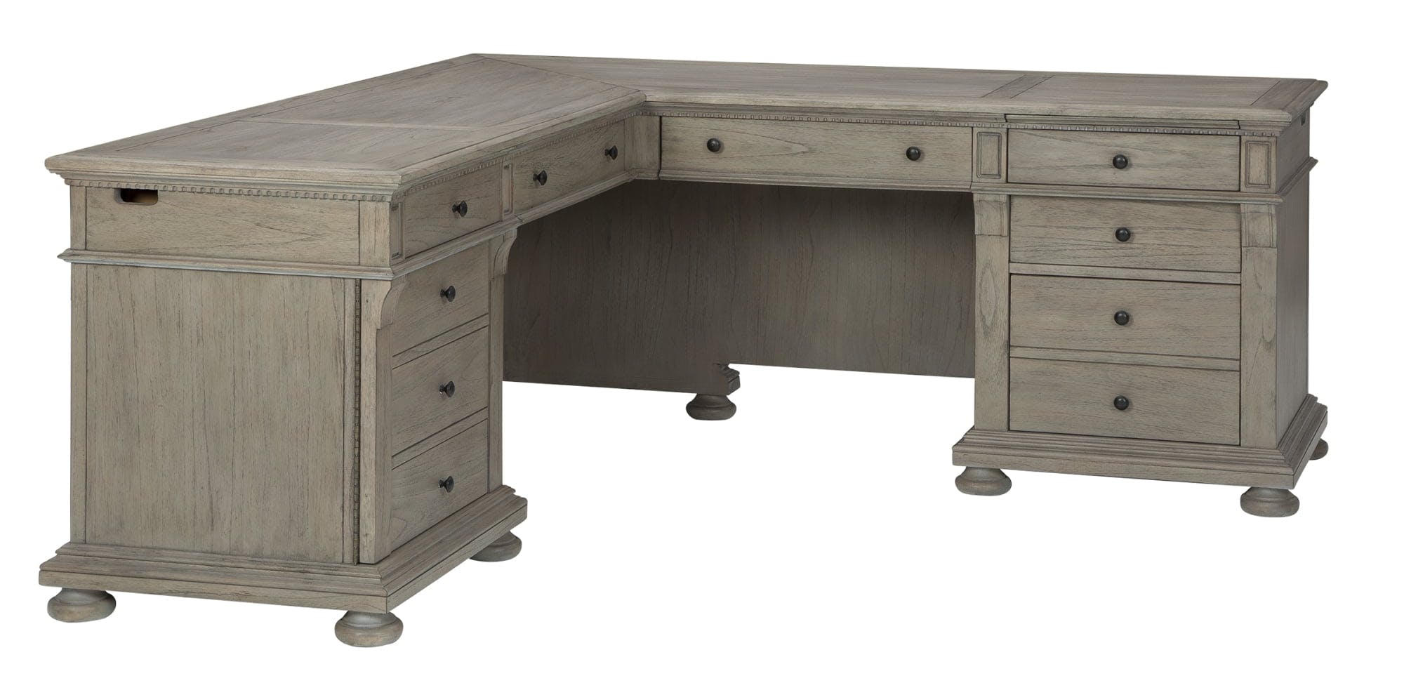 Driftwood Gray Executive L-Shaped Desk with Antique Brass Hardware