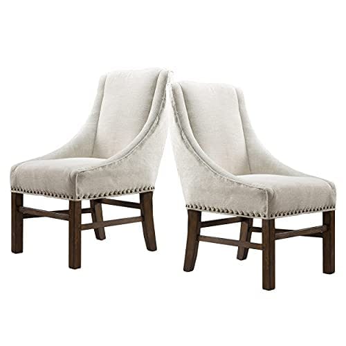 Elegant Beige Upholstered Wood Dining Chair Set with Studded Trim - 2 Piece