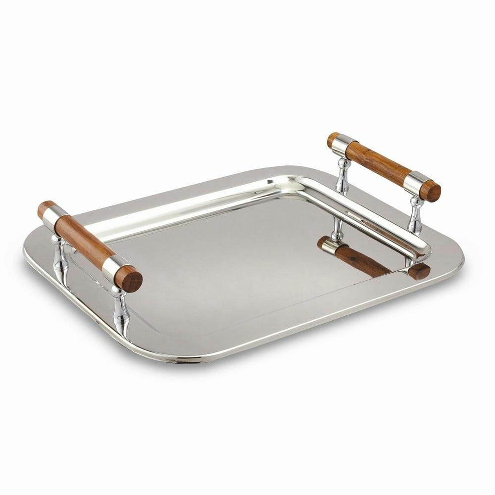 Elegant Modern Stainless Steel Serving Tray with Wooden Handles, 16.5" x 13"