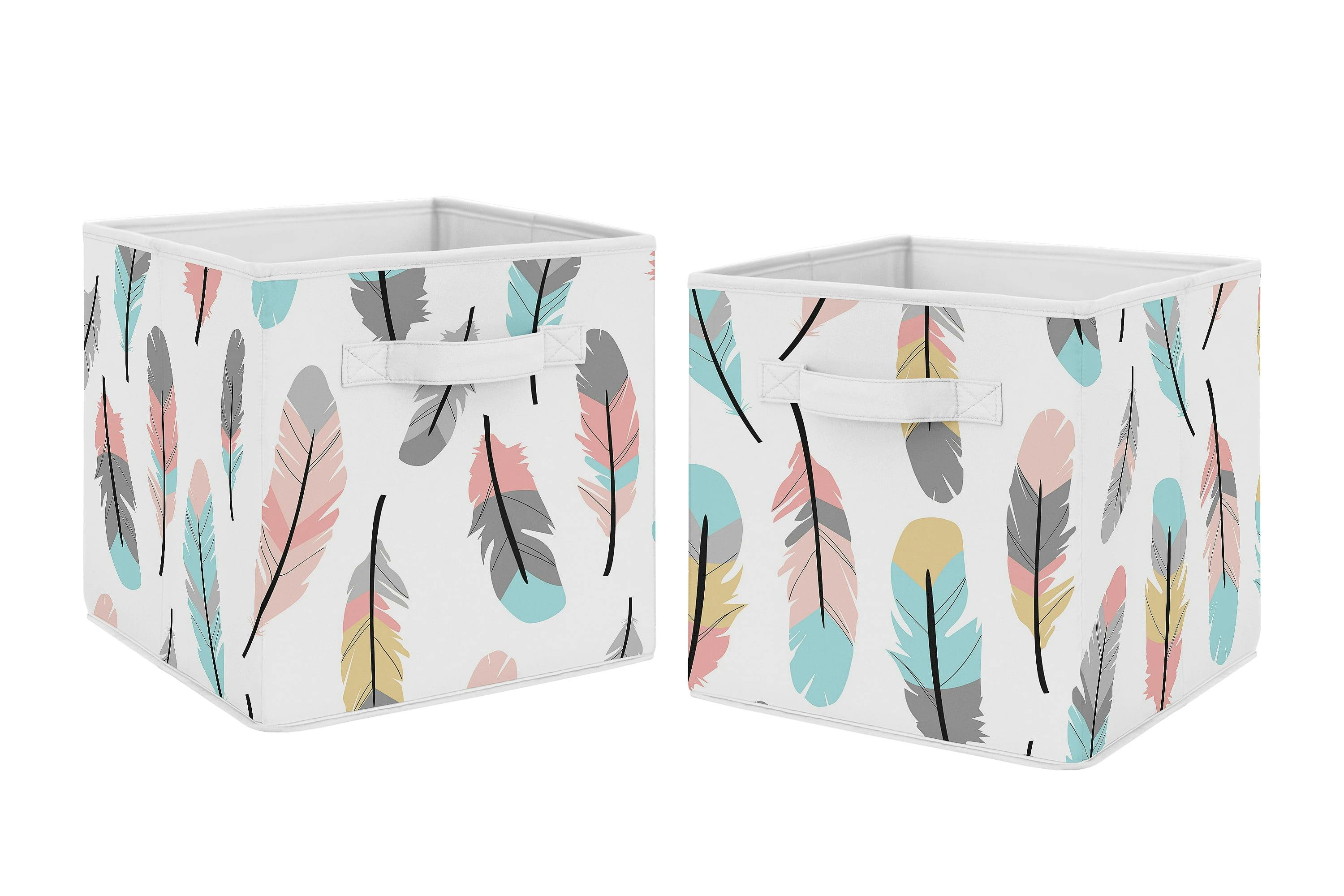 Coral & Turquoise Feather Print Collapsible Fabric Storage Cubes (Set of 2)