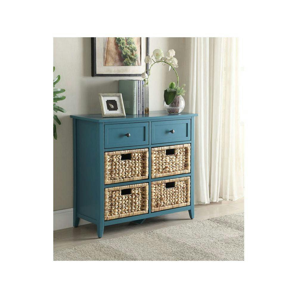 Transitional Teal Wooden Console Table with Wicker Basket Storage