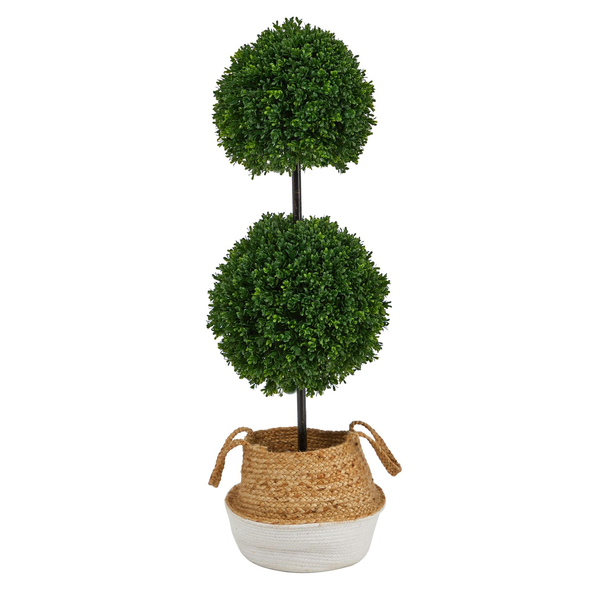 Elegant Outdoor Boxwood Double Ball Topiary, 43" in Boho Chic Planter