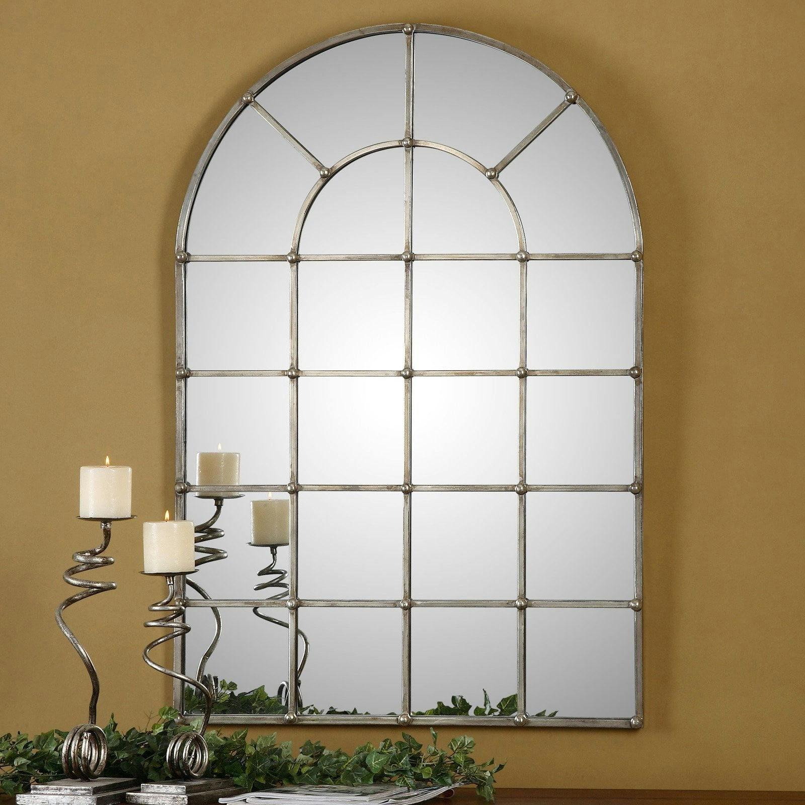 Transitional Silver Oxidized Metal Arched Window Mirror 30"x44"