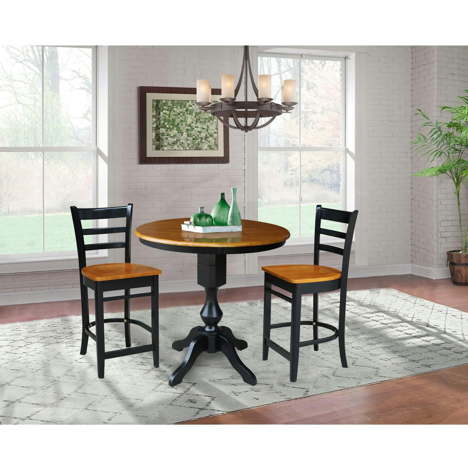 Elegant 36" Black/Cherry Solid Wood Pedestal Counter Height Dining Set with 2 Stools