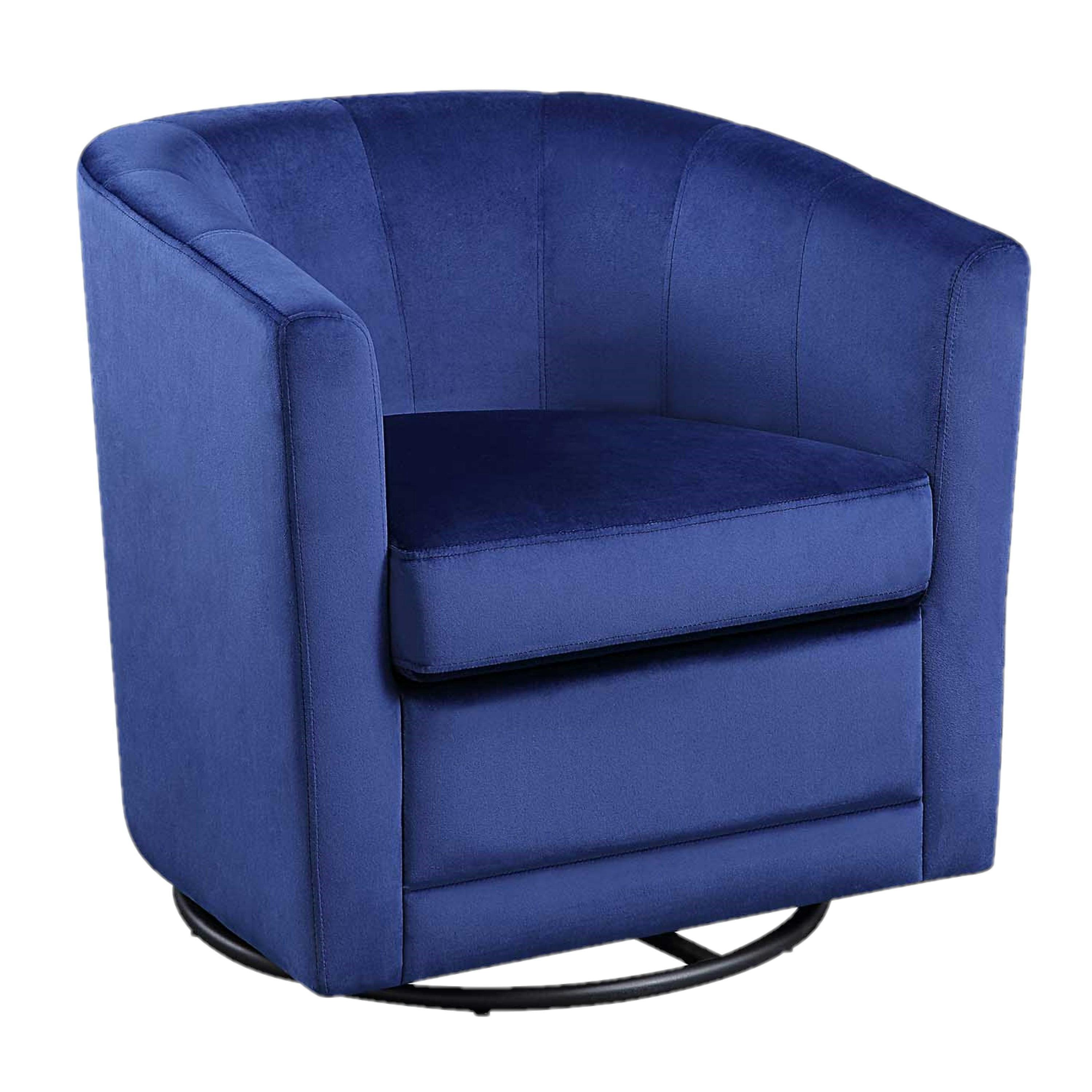 Blue Velvet Barrel Swivel Chair with Wooden Accents