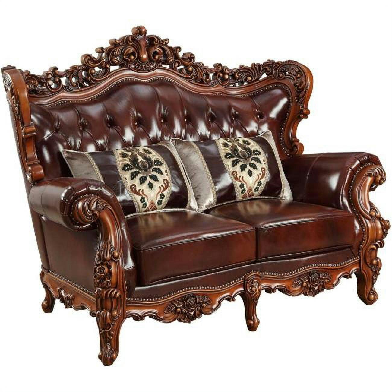 Elegant Cherry and Walnut Tufted Faux Leather Loveseat with Nailhead Detail