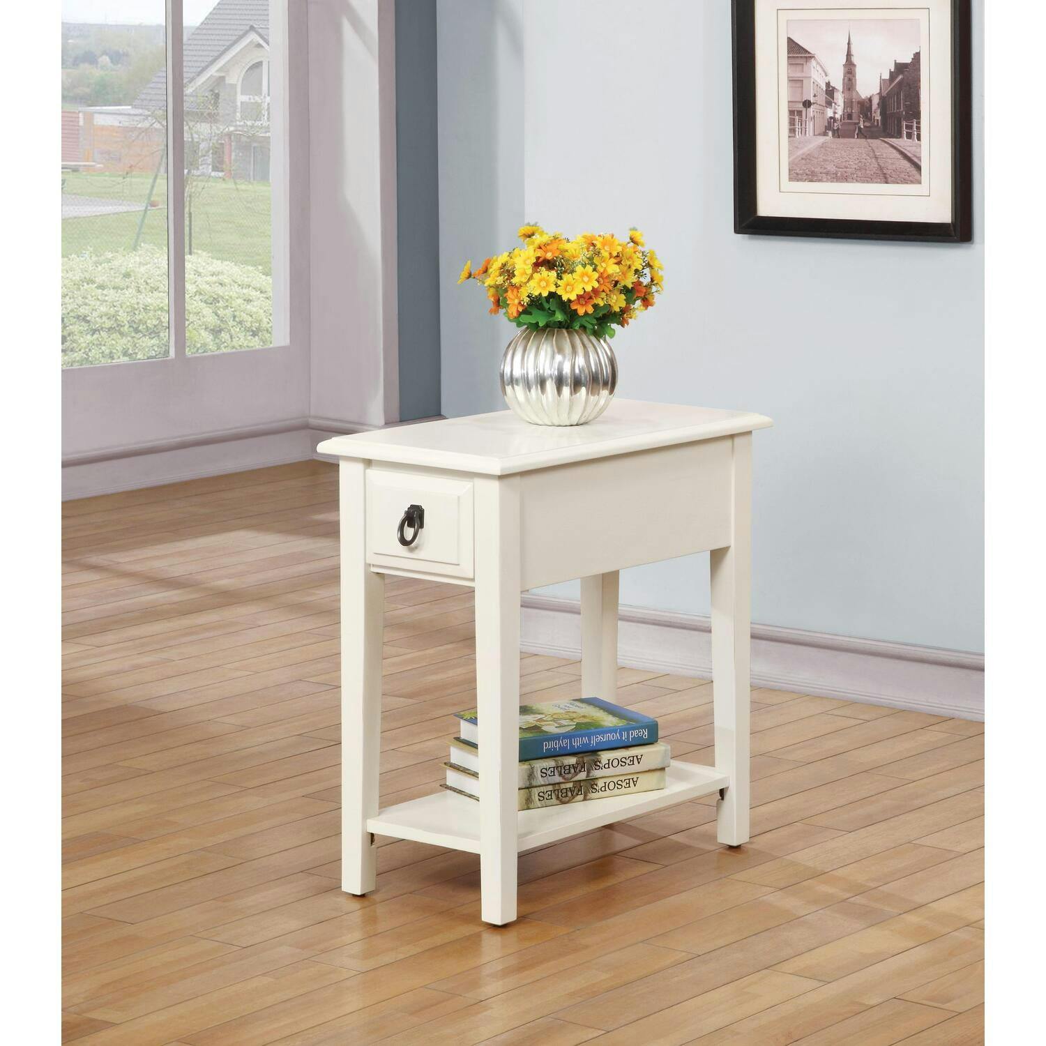 Jeana White Wood Rectangular Side Table with Storage