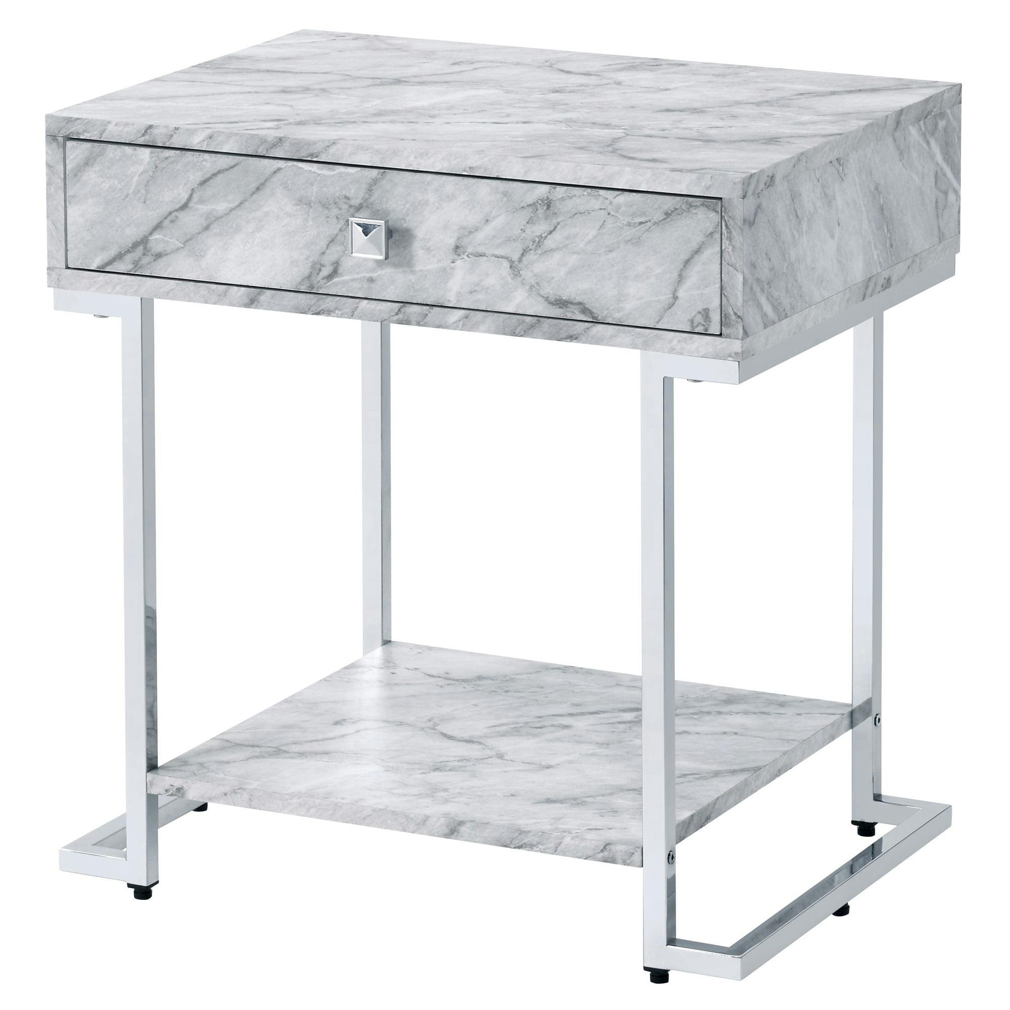 Modern White Faux Marble & Chrome Metal Storage Accent Table