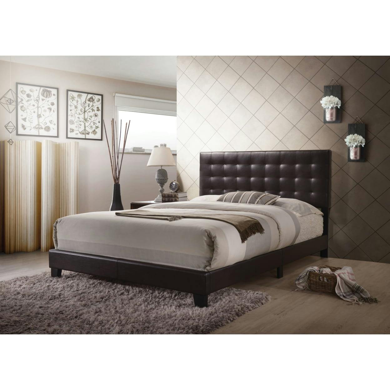 Espresso Faux Leather Tufted Queen Bed with Wood Frame