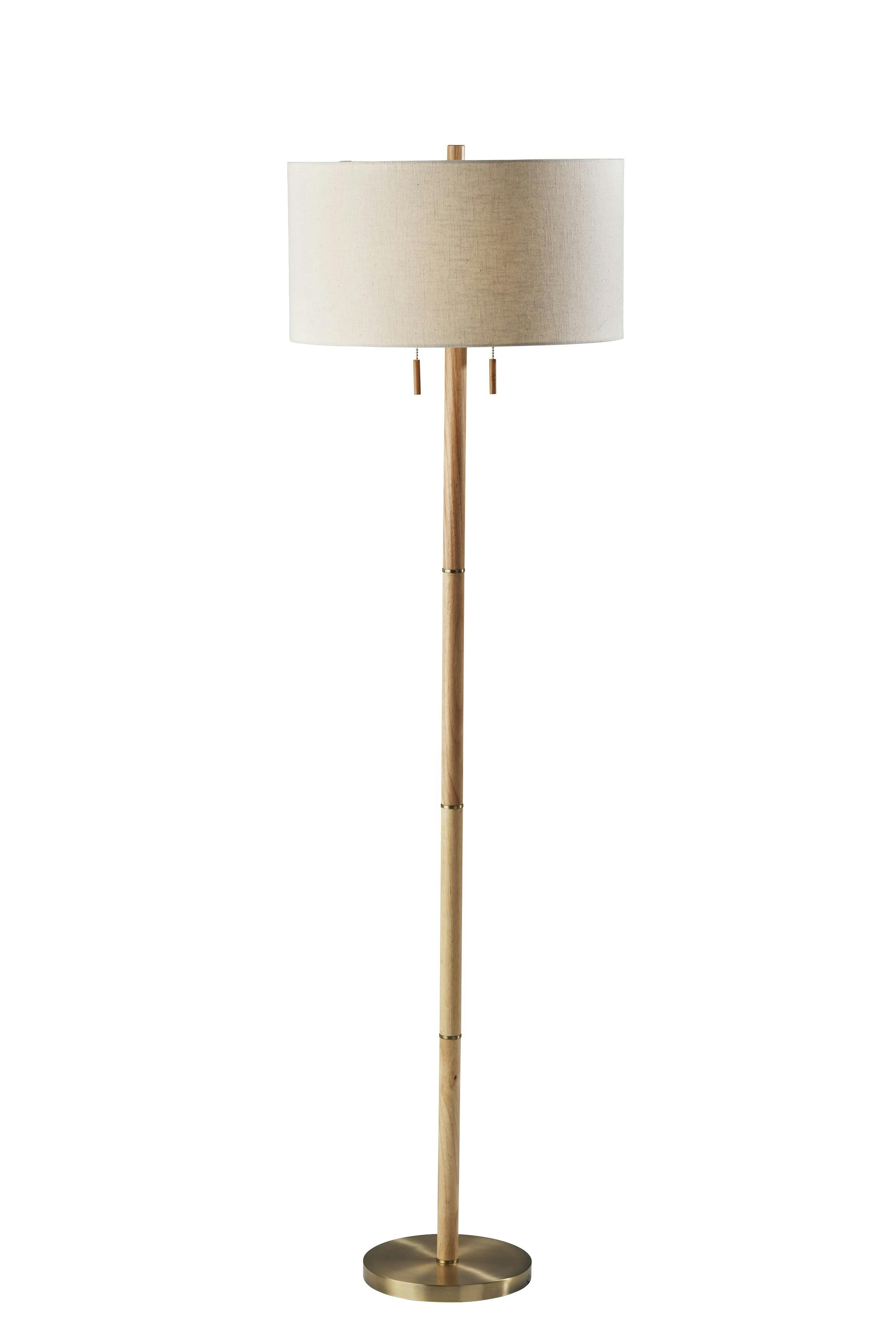 Streamlined Natural Rubberwood Floor Lamp with Antique Brass Accents