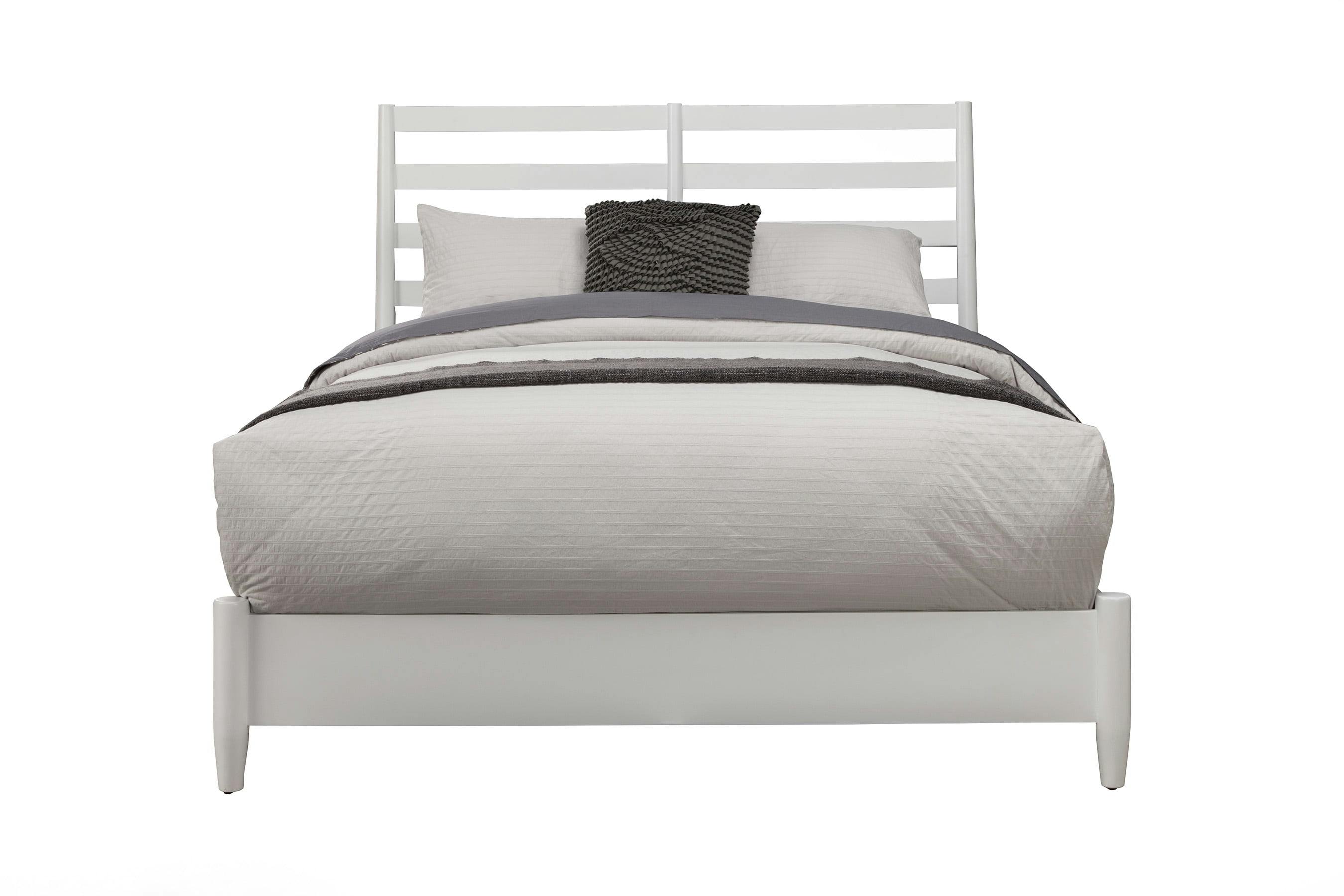 Elegant Queen-Sized White Wood Frame Panel Bed with Upholstered Slat Headboard