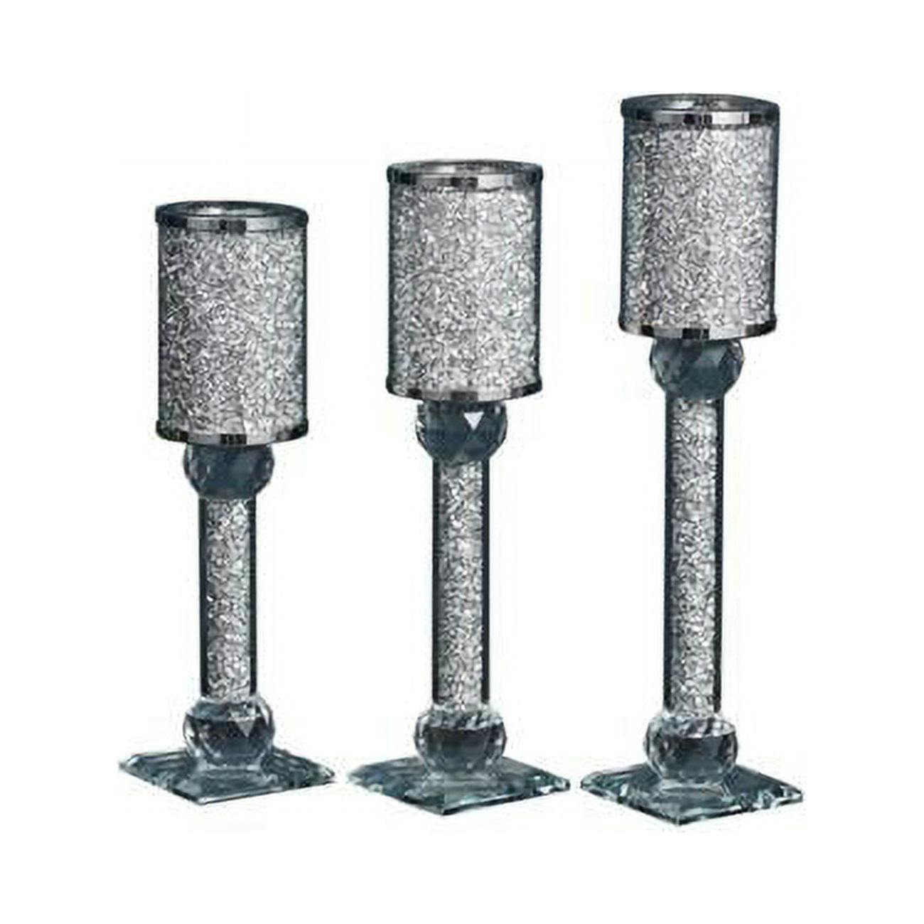 Elegance Radiant Crushed Diamond Glass 3-Piece Candlestick Holder Set