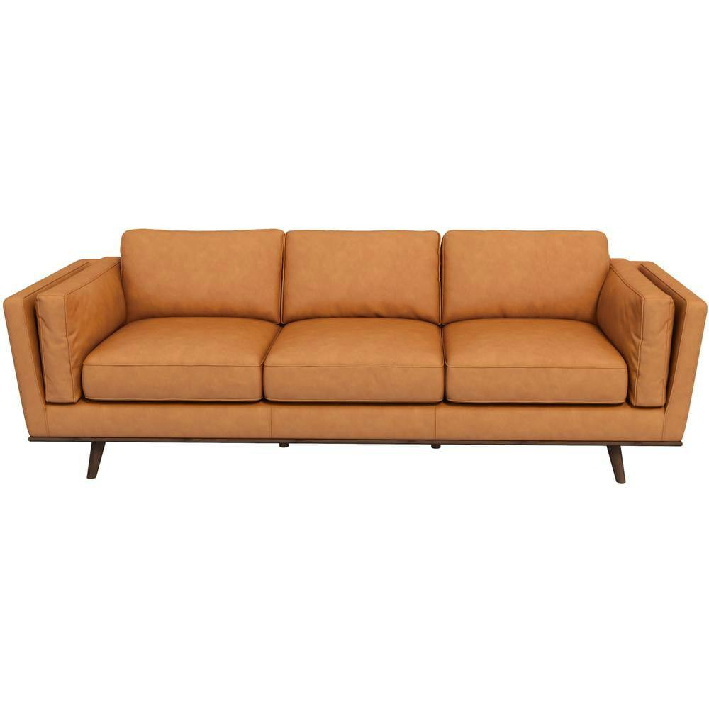 Marco Mid-Century Tan Genuine Leather Sofa with Walnut Base